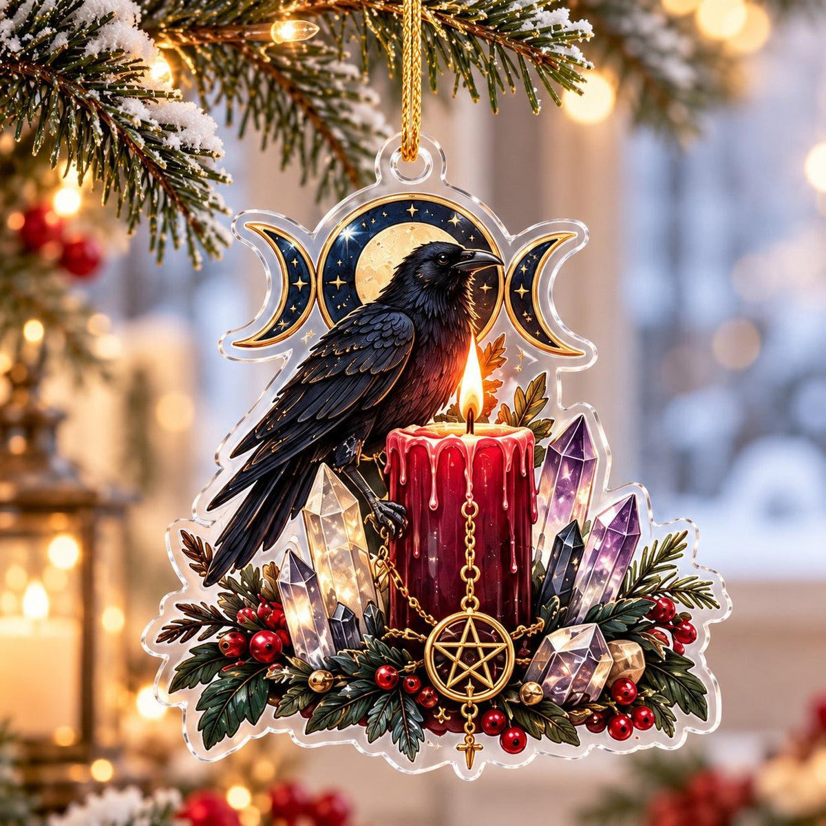 Winter Raven Familiar Acrylic Ornament Set – Gothic Yule Christmas Decor – Candle Raven ornament