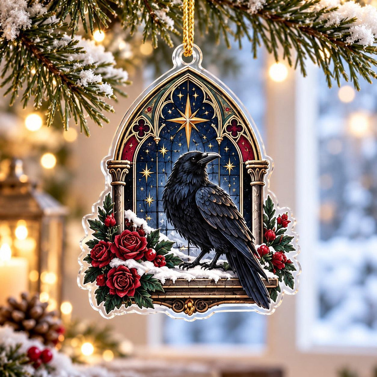 Winter Raven Familiar Acrylic Ornament Set – Gothic Yule Christmas Decor – Gothic Window Raven ornament