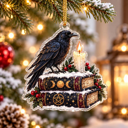 Winter Raven Familiar Acrylic Ornament Set – Gothic Yule Christmas Decor – Spellbook Raven ornament