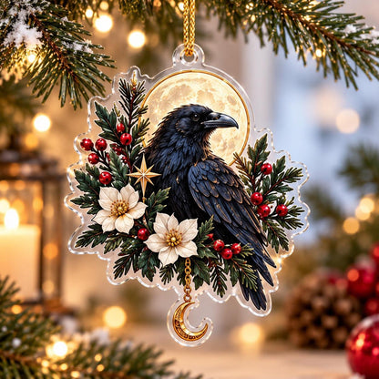 Winter Raven Familiar Acrylic Ornament Set – Gothic Yule Christmas Decor – Winter Bloom Raven ornament
