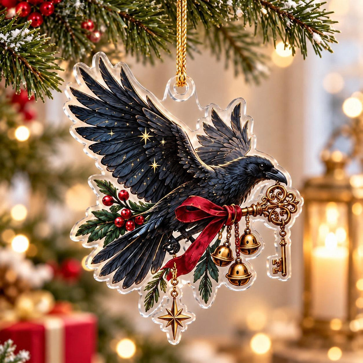 Winter Raven Familiar Acrylic Ornament Set – Gothic Yule Christmas Decor – Key Bearer Raven ornament