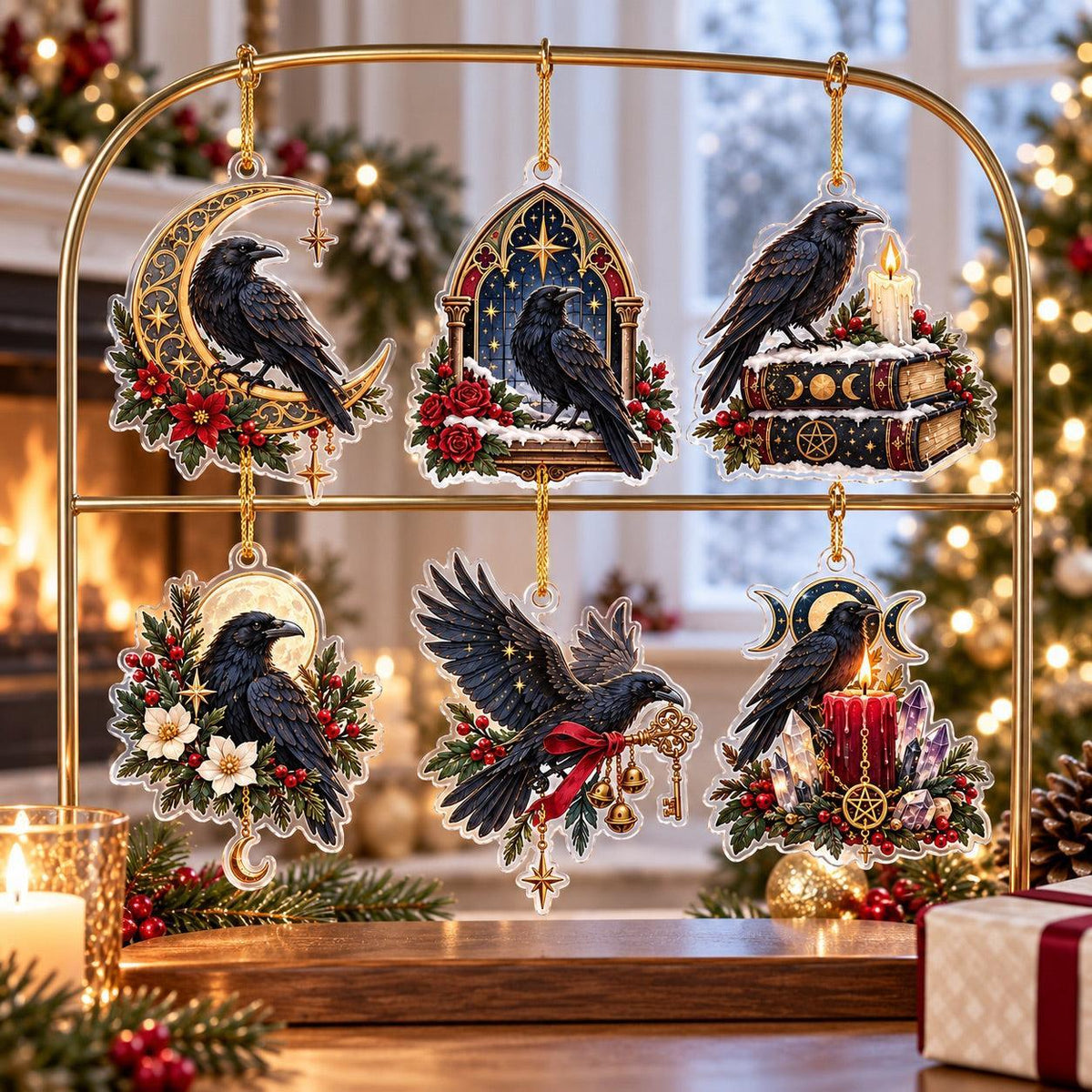 Winter Raven Familiar Acrylic Ornament Set – Gothic Yule Christmas Decor – set of 6 acrylic ornaments