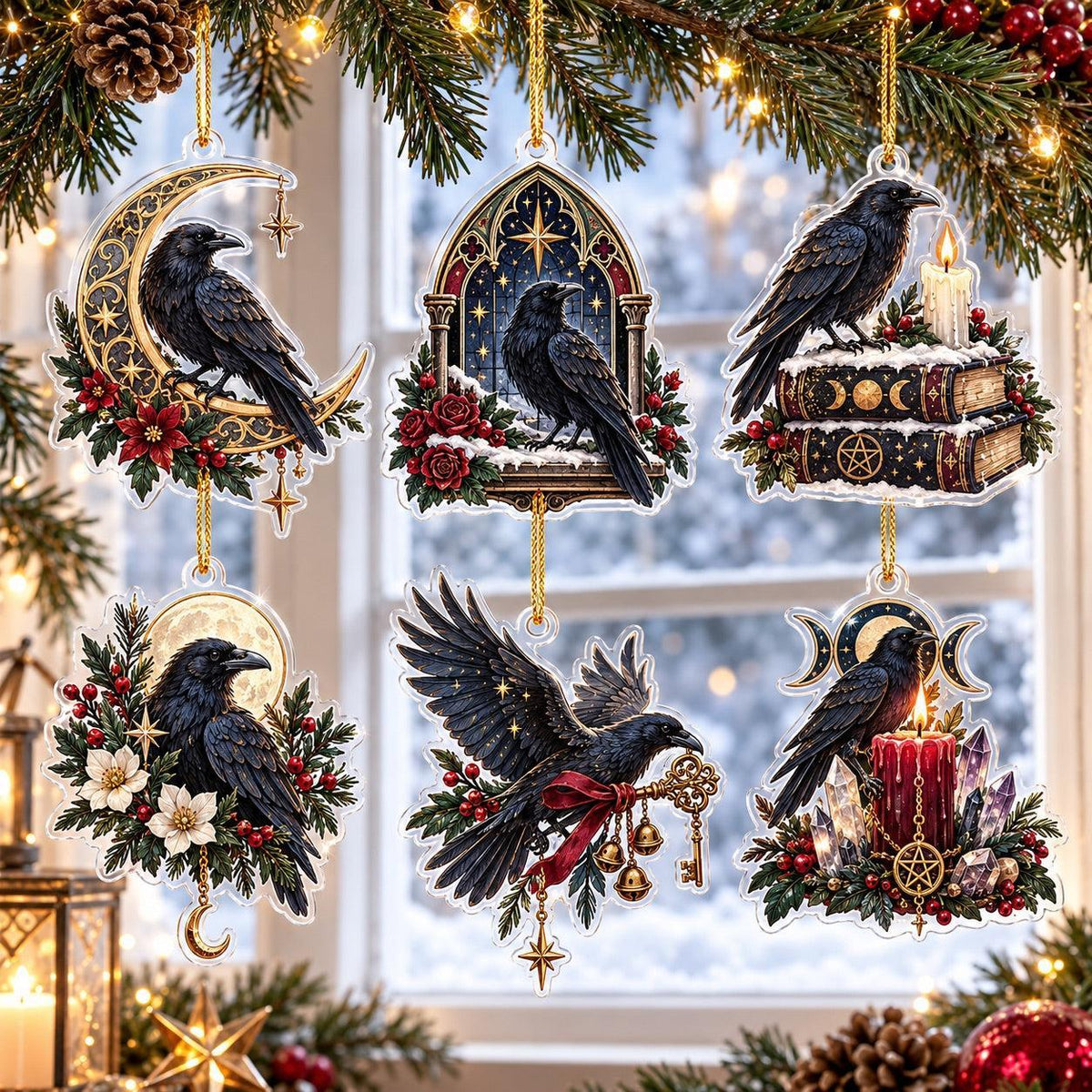 Winter Raven Familiar Acrylic Ornament Set – Gothic Yule Christmas Decor – set of 6, another view