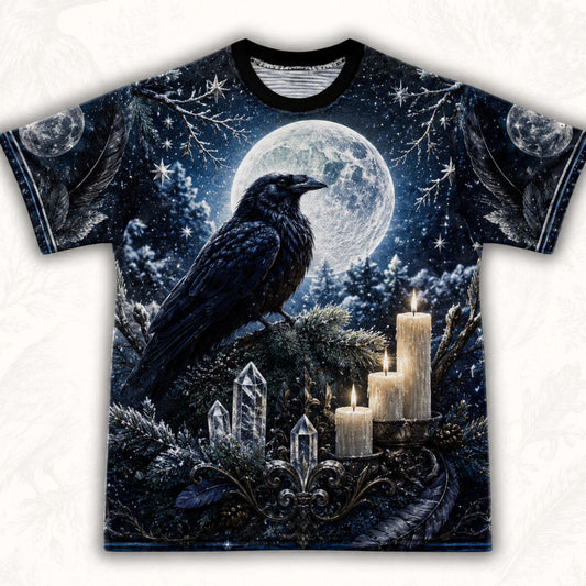 Winter Raven Full Moon T-Shirt Snow Candle Quartz Yule Tee front view