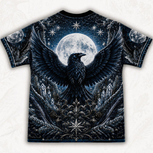 Winter Raven Full Moon T-Shirt Snow Candle Quartz Yule Tee back view