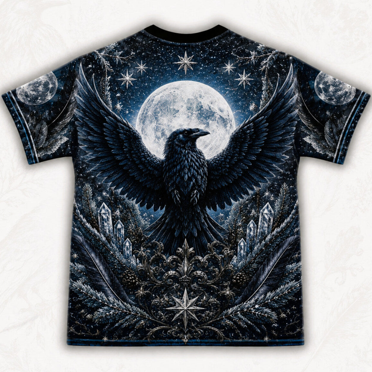 Winter Raven Full Moon T-Shirt Snow Candle Quartz Yule Tee back view