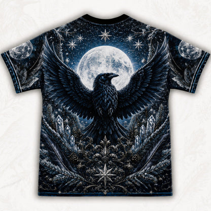 Winter Raven Full Moon T-Shirt Snow Candle Quartz Yule Tee back view