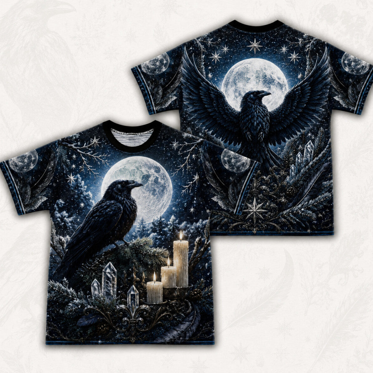 Winter Raven Full Moon T-Shirt Snow Candle Quartz Yule Tee front and back together