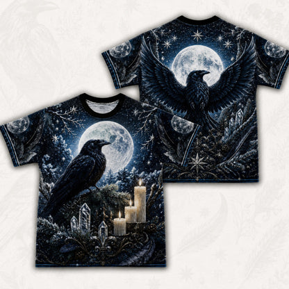 Winter Raven Full Moon T-Shirt Snow Candle Quartz Yule Tee front and back together