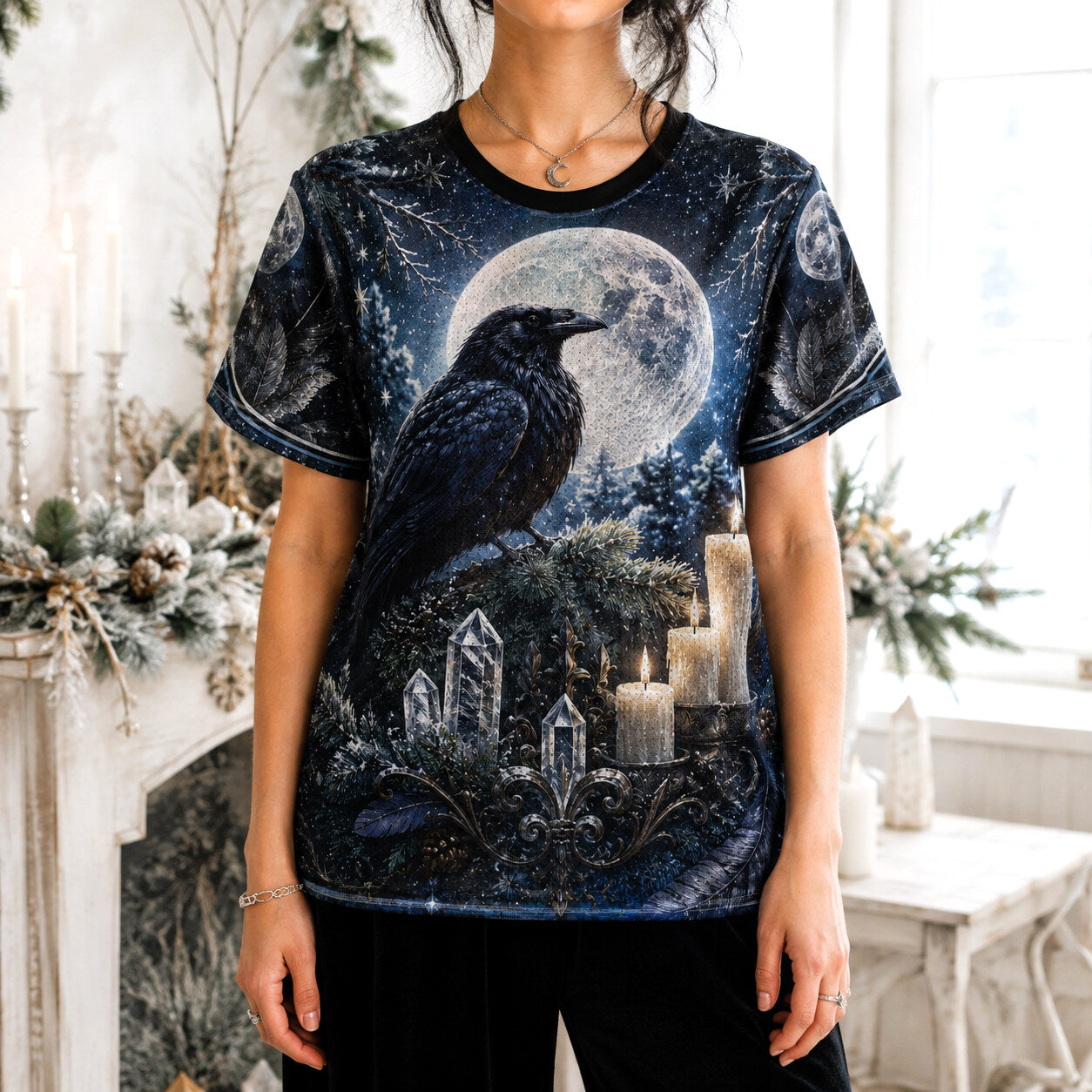 Winter Raven Full Moon T-Shirt Snow Candle Quartz Yule Tee worn, front view