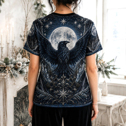 Winter Raven Full Moon T-Shirt Snow Candle Quartz Yule Tee worn, back view
