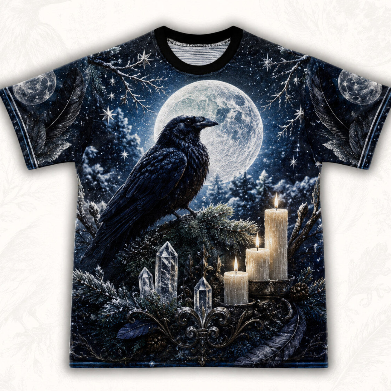 Winter Raven Full Moon T-Shirt Snow Candle Quartz Yule Tee front view