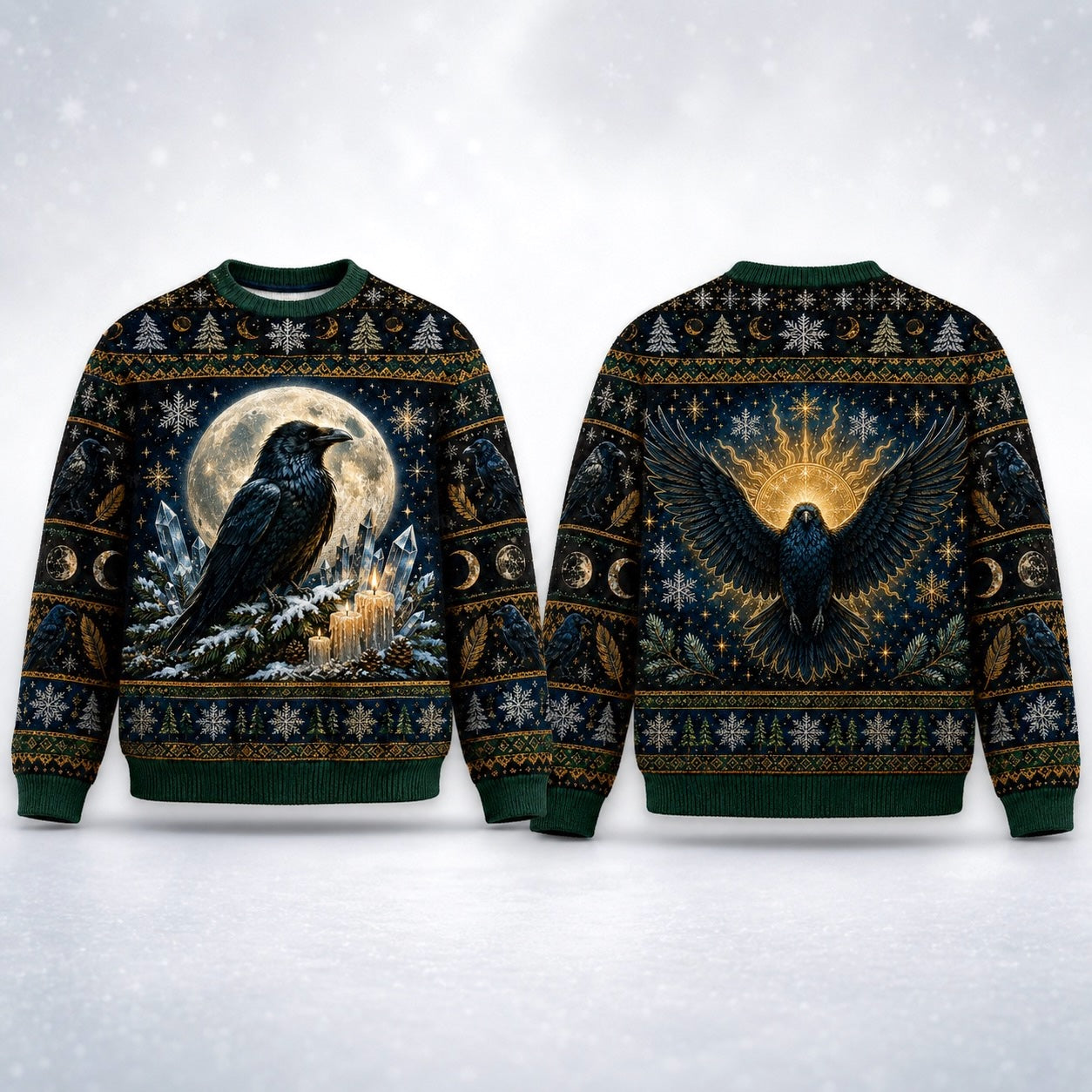 Winter Raven Sweater Snowy Branch Full Moon Yule Knit Jumper front and back together