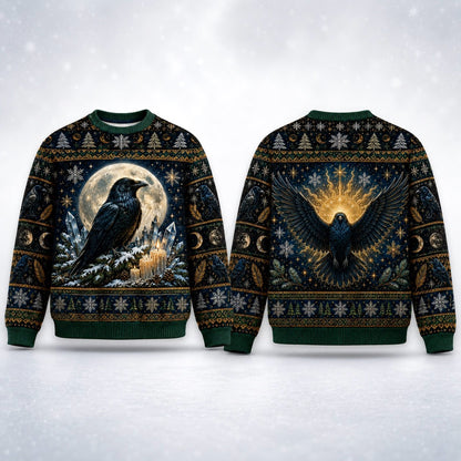 Winter Raven Sweater Snowy Branch Full Moon Yule Knit Jumper front and back together