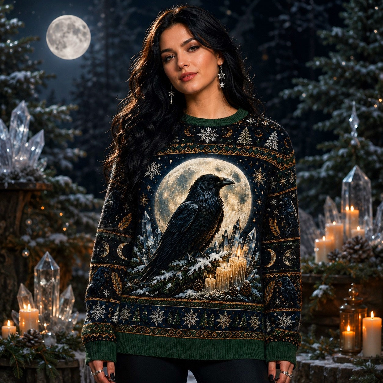 Winter Raven Sweater Snowy Branch Full Moon Yule Knit Jumper worn, front view