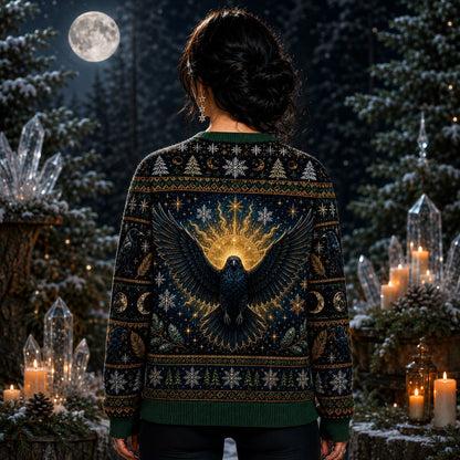 Winter Raven Sweater Snowy Branch Full Moon Yule Knit Jumper worn, back view