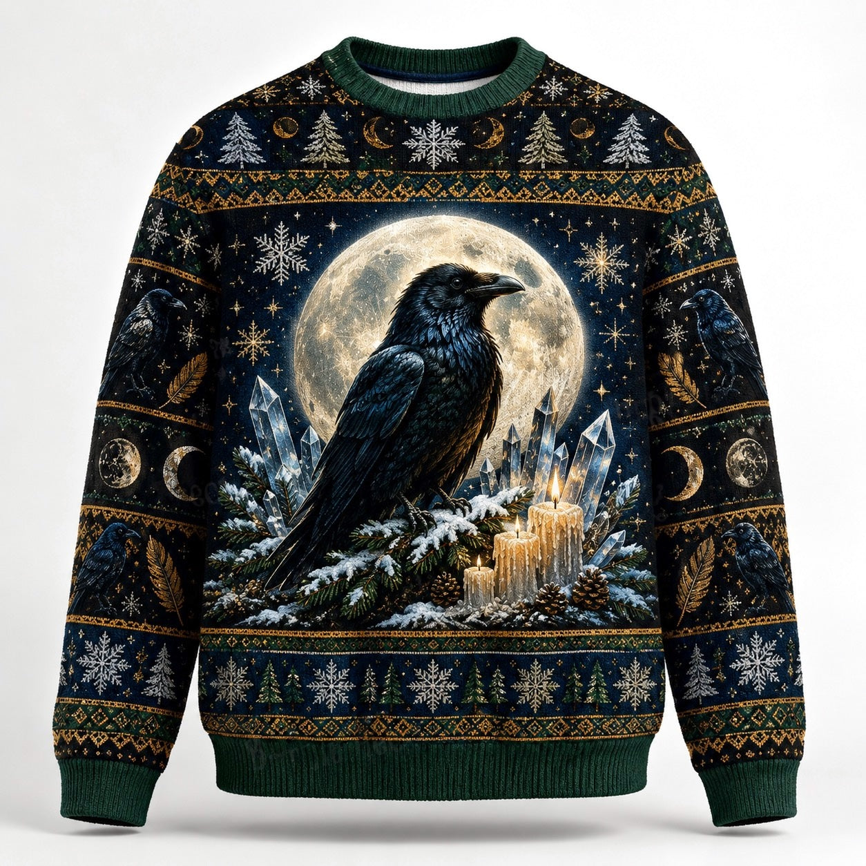 Winter Raven Sweater Snowy Branch Full Moon Yule Knit Jumper front view