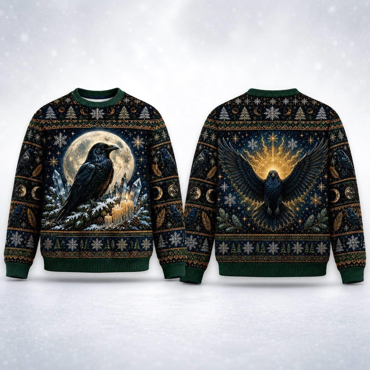Winter Raven Sweater Snowy Branch Full Moon Yule Knit Jumper front and back together