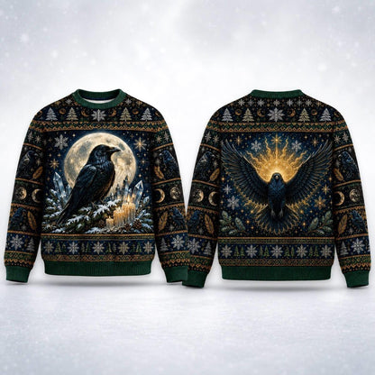 Winter Raven Sweater Snowy Branch Full Moon Yule Knit Jumper front and back together