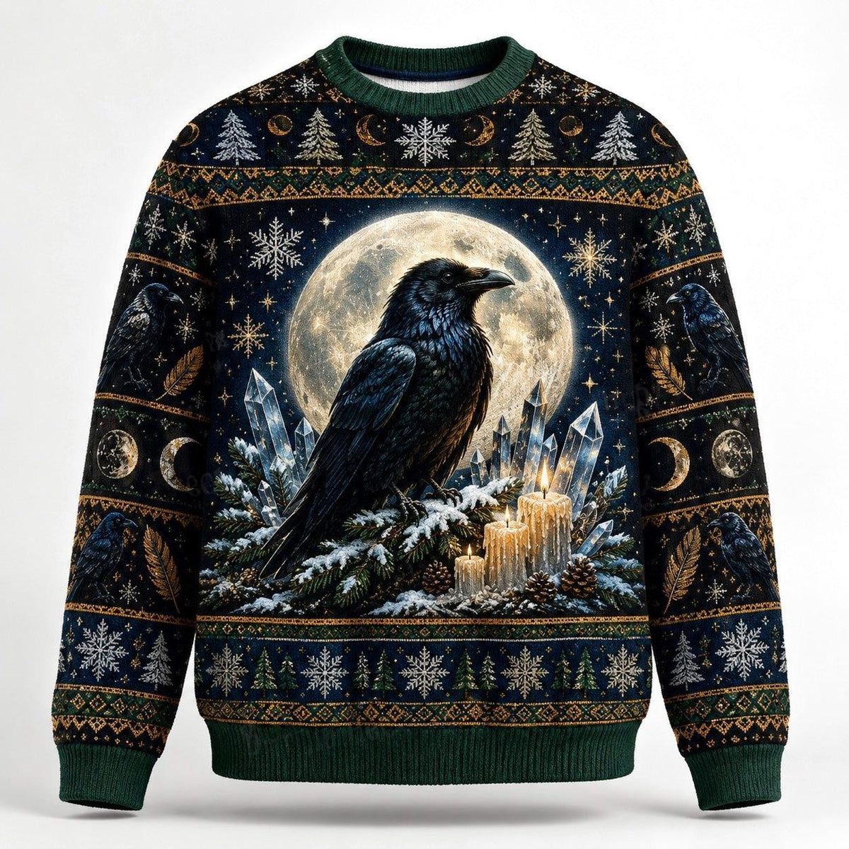 Winter Raven Sweater Snowy Branch Full Moon Yule Knit Jumper front view