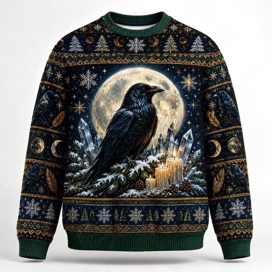 Winter Raven Sweater Snowy Branch Full Moon Yule Knit Jumper front view