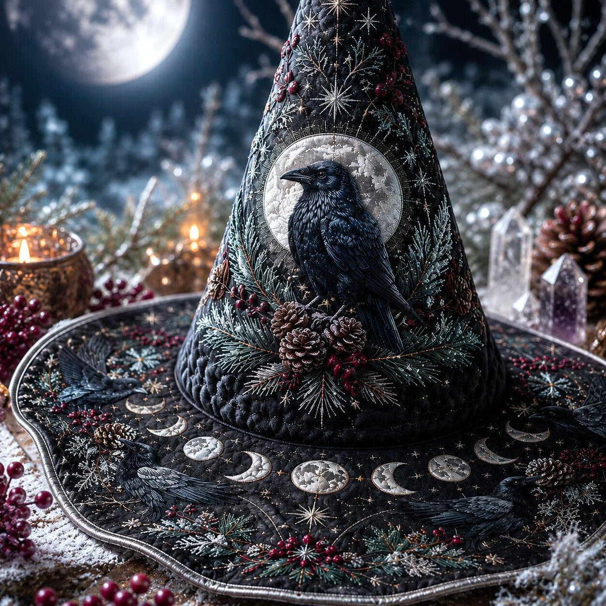 Winter Raven Witch Hat – Yule Solstice Pagan Moon Wide Brim Hat – held in both hands