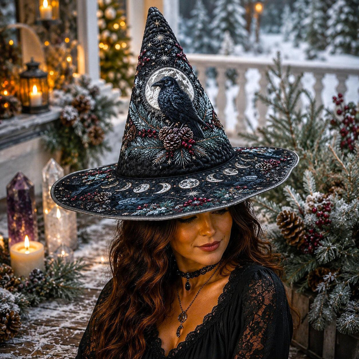 Winter Raven Witch Hat – Yule Solstice Pagan Moon Wide Brim Hat – styled with candles and crystals