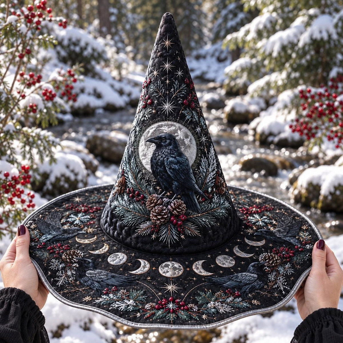 Winter Raven Witch Hat held by witch hands outdoors in natural sunlight