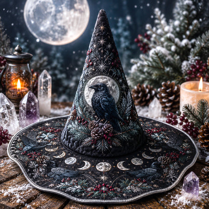 Winter Raven Witch Hat – Yule Solstice Pagan Moon Wide Brim Hat – on an altar table