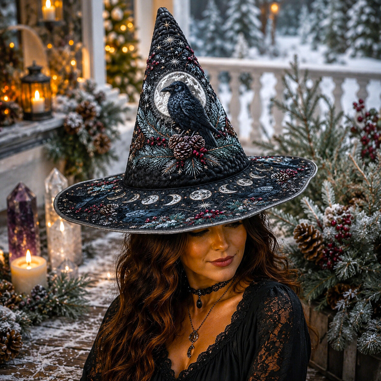 Winter Raven Witch Hat – Yule Solstice Pagan Moon Wide Brim Hat – styled with candles and crystals