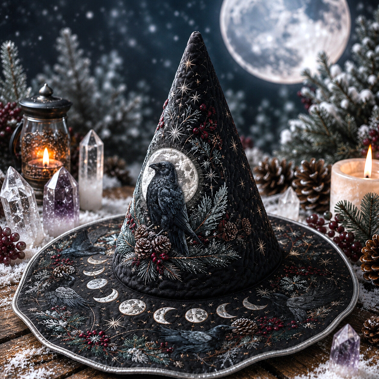 Winter Raven Witch Hat – Yule Solstice Pagan Moon Wide Brim Hat – worn, front view