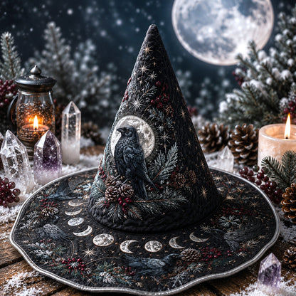 Winter Raven Witch Hat – Yule Solstice Pagan Moon Wide Brim Hat – worn, front view