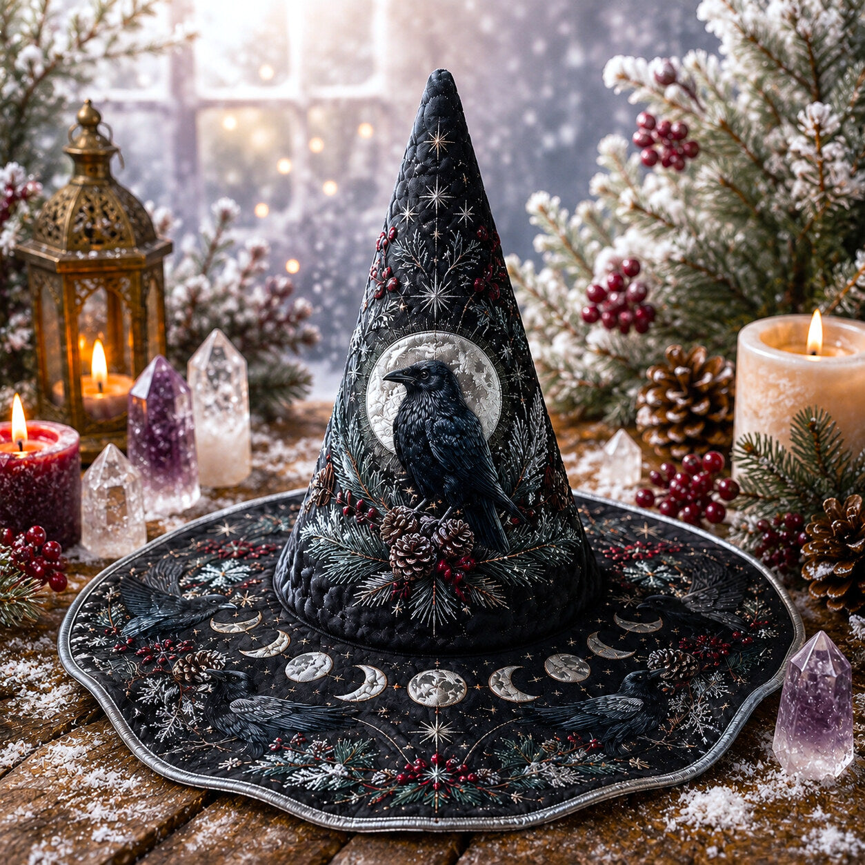 Winter Raven Witch Hat – Yule Solstice Pagan Moon Wide Brim Hat – quilting and print detail