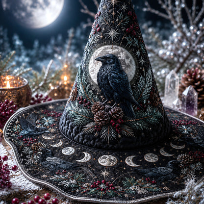 Winter Raven Witch Hat – Yule Solstice Pagan Moon Wide Brim Hat – held in both hands