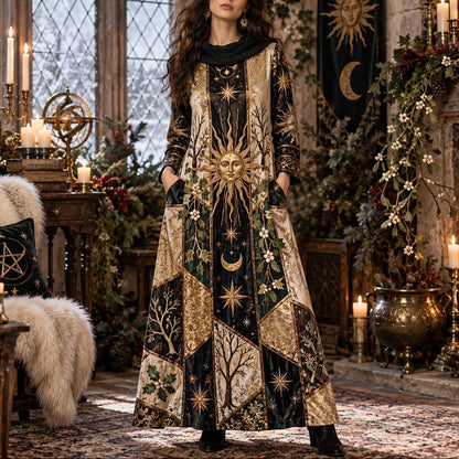 Winter Solstice Sun Pagan Cowl Neck Dress – Witchy Yule Maxi – worn, front view