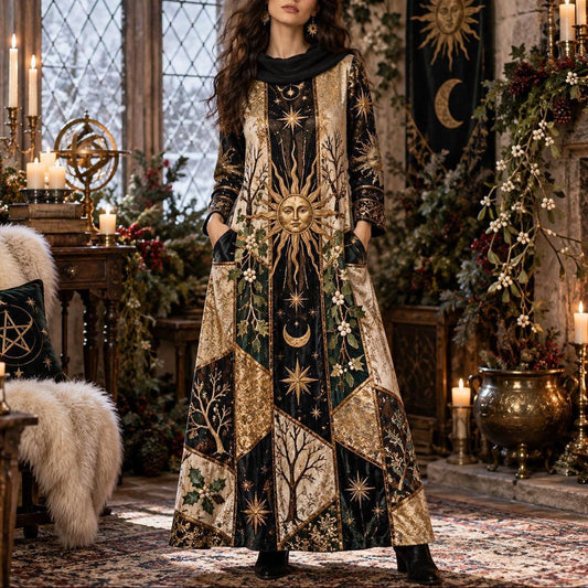 Winter Solstice Sun Pagan Cowl Neck Dress – Witchy Yule Maxi – worn, front view