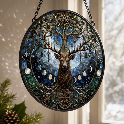 Winter Stag Tree of Life Glass Suncatcher - hanging view