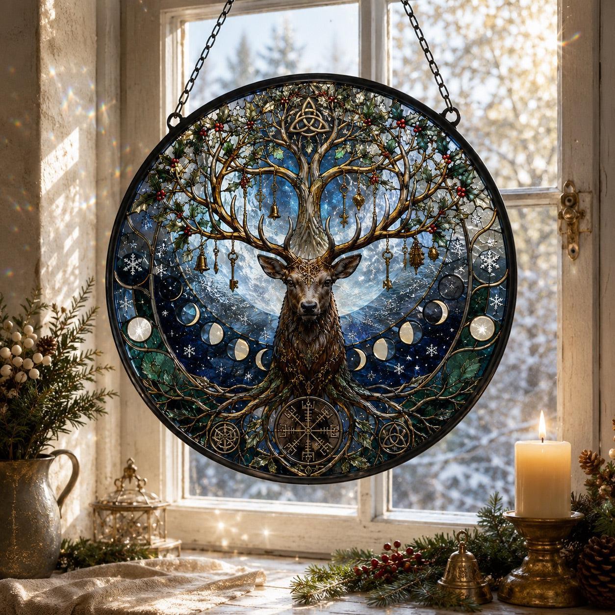 Winter Stag Tree of Life Glass Suncatcher - sunlight glow