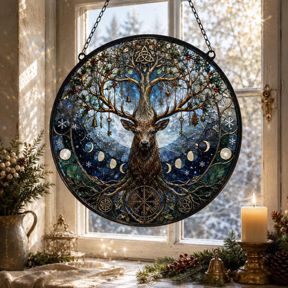 Winter Stag Tree of Life Glass Suncatcher - sunlight glow