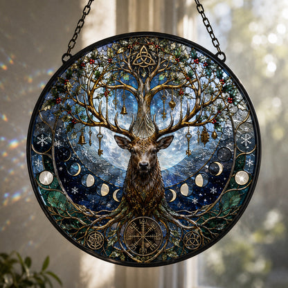 Winter Stag Tree of Life Glass Suncatcher - window display