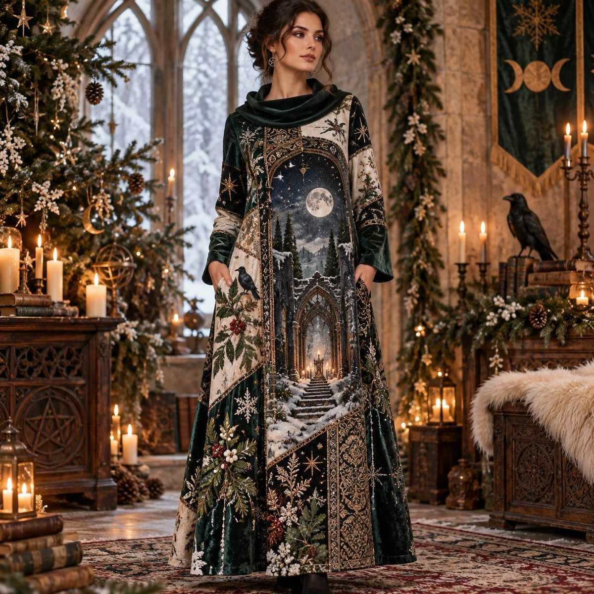 Winter Yule Moon Temple Pagan Cowl Neck Dress – Raven Holly Maxi – worn, front view