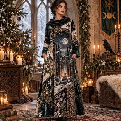 Winter Yule Moon Temple Pagan Cowl Neck Dress – Raven Holly Maxi – worn, front view