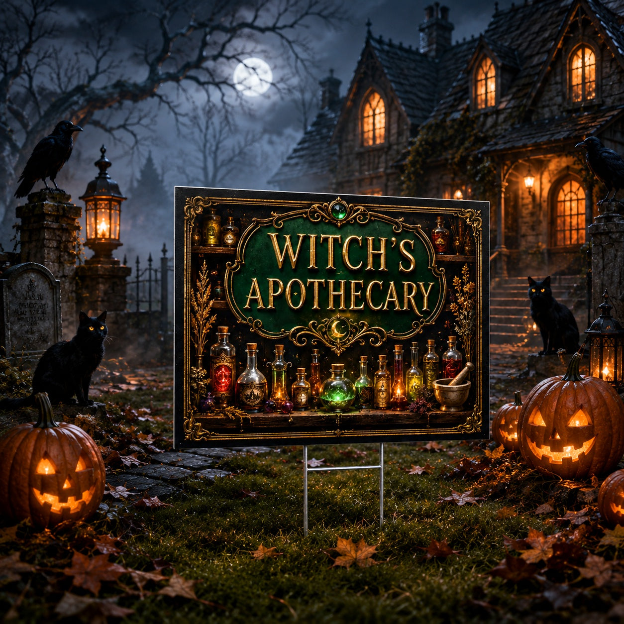 Witch Apothecary Halloween Yard Sign - close up detail