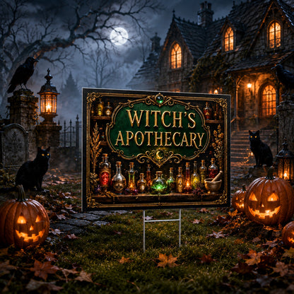 Witch Apothecary Halloween Yard Sign - close up detail