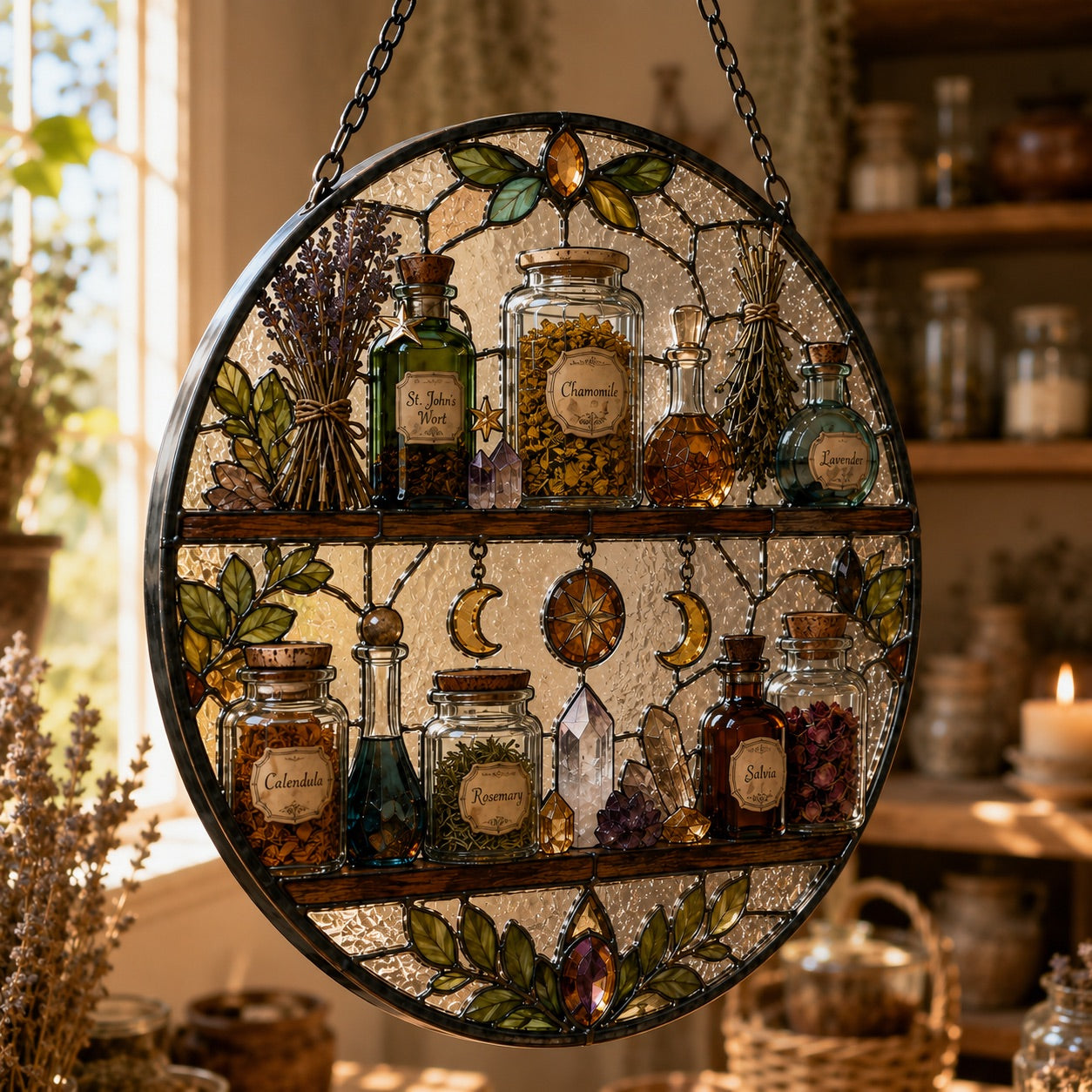 Witch Apothecary Shelf Glass Suncatcher - hanging view
