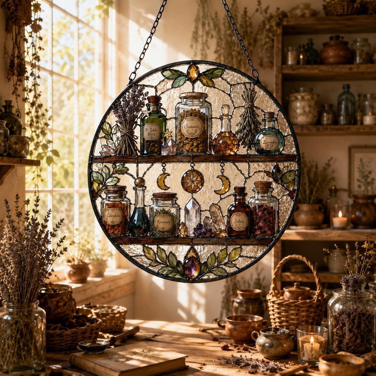 Witch Apothecary Shelf Glass Suncatcher - sunlight glow
