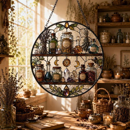 Witch Apothecary Shelf Glass Suncatcher - sunlight glow