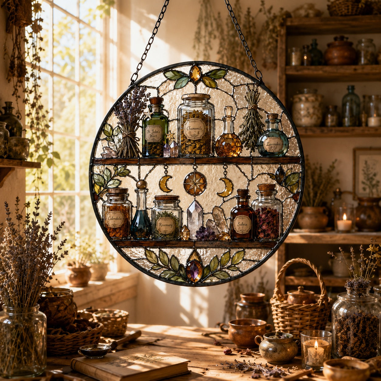 Witch Apothecary Shelf Glass Suncatcher - sunlight glow