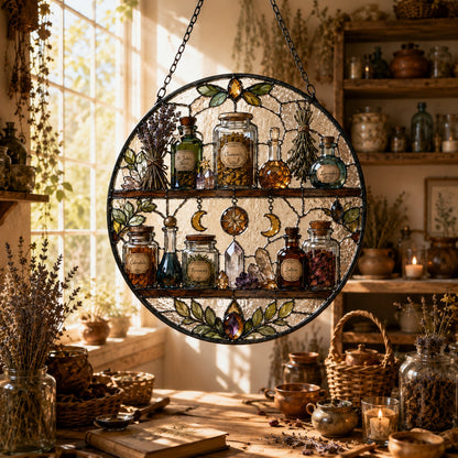 Witch Apothecary Shelf Glass Suncatcher - sunlight glow