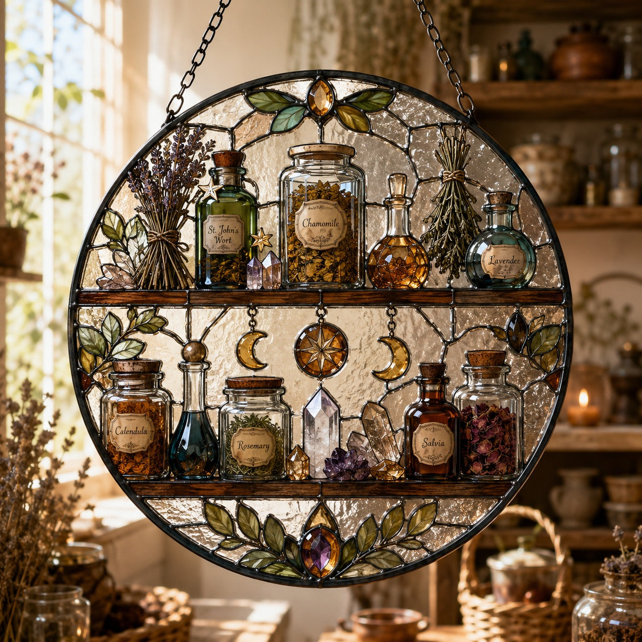 Witch Apothecary Shelf Glass Suncatcher - window display